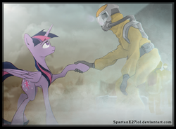 Size: 1359x1000 | Tagged: dead source, safe, artist:spartane27lol, twilight sparkle, alicorn, human, pony, g4, duo, female, folded wings, handshake, hazmat suit, hoofshake, looking at each other, mare, profile, twilight sparkle (alicorn)