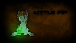 Size: 1920x1080 | Tagged: safe, artist:erthilo, oc, oc only, oc:littlepip, pony, unicorn, fallout equestria, abstract background, fanfic, fanfic art, female, hooves, horn, looking at you, mare, open mouth, pipbuck, sitting, smiling, solo, teeth, text