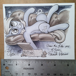 Size: 1188x1180 | Tagged: safe, artist:andypriceart, derpy hooves, pegasus, pony, g4, :p, andy you magnificent bastard, c:, couch, draw me like one of your french girls, female, mare, monochrome, muffin, on side, ruler, smiling, solo, spread legs, tongue out