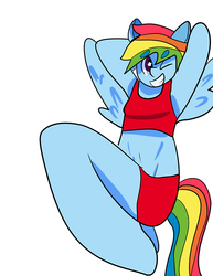 Size: 500x647 | Tagged: safe, artist:sadyuri, rainbow dash, anthro, g4, belly button, clothes, female, midriff, solo, sports bra