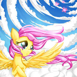 Size: 1000x1000 | Tagged: dead source, safe, artist:yumehinote, fluttershy, butterfly, pegasus, pony, g4, cloud, female, mare, solo, spread wings, windswept mane, wings