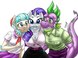 Size: 1200x896 | Tagged: safe, artist:pia-sama, coco pommel, rarity, spike, earth pony, anthro, g4, big breasts, blushing, breasts, busty rarity, cleavage, clothes, face to face, female, hand on head, male, older, older spike, ship:marshmallow coco, ship:sparico, ship:sparity, shipping, simple background, smiling, straight, sweatdrop, trio, white background