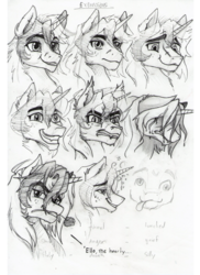 Size: 762x1049 | Tagged: safe, artist:anightlypony, oc, oc only, oc:nightly, bedroom eyes, crying, drunk, expressions, flirting, happy, meme, monochrome, rage face, smiling, solo, traditional art