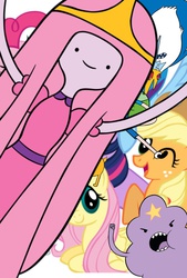 Size: 768x1136 | Tagged: safe, applejack, fluttershy, pinkie pie, twilight sparkle, g4, adventure time, crossover, male