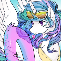 Size: 1501x1501 | Tagged: safe, artist:bigbuxart, princess celestia, g4, cute, cutelestia, female, floaty, inner tube, lollipop, open mouth, solo, summer, sunglasses, vacation