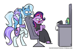 Size: 856x568 | Tagged: safe, artist:egophiliac, roxie, roxie rave, trixie, twilight sparkle, alicorn, earth pony, pony, unicorn, tumblr:inconvenient trixie, g4, alternate hairstyle, angry, chair, female, hair dryer, haircut, inconvenient trixie, mare, mouth hold, rearing, scissors, simple background, sitting, sitting on head, tumblr, twilight sparkle (alicorn), twilight sparkle is not amused, unamused, white background, woonoggles