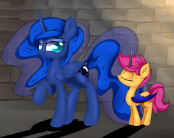 Size: 1024x816 | Tagged: safe, artist:madacon, princess luna, scootaloo, alicorn, bat pony, bat pony alicorn, pony, g4, bat ponified, duo, duo female, female, filly, foal, mare, scootabat, student of the night, tumblr