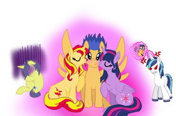 Size: 2338x1544 | Tagged: safe, artist:1231redflame, comet tail, flash sentry, shining armor, sunset shimmer, twilight sparkle, alicorn, pony, unicorn, g4, angry, cheek kiss, female, flash sentry gets all the mares, flashlightshimmer, kiss sandwich, kissing, love triangle, male, mare, meme, overprotective armor, ship:flashimmer, ship:flashlight, shipping, straight, this will end in tears, twilight sparkle (alicorn), voodoo doll, waifu thief