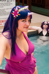 Size: 2848x4288 | Tagged: safe, artist:damicaglow, artist:frozen-rose-cosplay, rarity, twilight sparkle, human, g4, bikini, clothes, cosplay, irl, irl human, one-piece swimsuit, photo, swimming pool, swimsuit