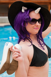Size: 2848x4288 | Tagged: safe, artist:frozen-rose-cosplay, rarity, human, g4, bikini, clothes, cosplay, hat, high heels, irl, irl human, photo, solo, sunglasses, swimsuit