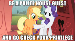 Size: 1280x711 | Tagged: safe, edit, edited screencap, screencap, applejack, rarity, earth pony, pony, unicorn, g4, look before you sleep, my little pony: friendship is magic, check your privilege, female, golden oaks library, image macro, mare, meme, parody, text