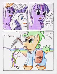 Size: 858x1098 | Tagged: safe, artist:the1king, rarity, twilight sparkle, alicorn, pony, comic:fluttershy and the rainbow factory, fanfic:rainbow factory, g4, comic, female, floppy ears, mare, mouth hold, oompa loompa, open mouth, parody, ponified, raised eyebrow, roald dahl, scythe, traditional art, twilight sparkle (alicorn), wide eyes, willy wonka and the chocolate factory