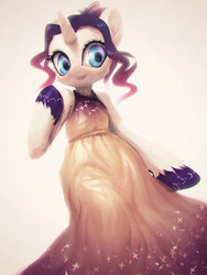 Size: 600x800 | Tagged: safe, artist:frali, rarity, unicorn, semi-anthro, g4, alternate hairstyle, bipedal, clothes, dress, female, pixiv, solo, unshorn fetlocks