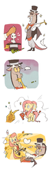 Size: 700x2400 | Tagged: safe, artist:raichi, angel bunny, discord, fluttershy, draconequus, pegasus, pony, rabbit, g4, animal, card, clothes, comic, dressup, female, hat, magic, magic trick, magician, male, pixiv, showgirl, top hat, wand