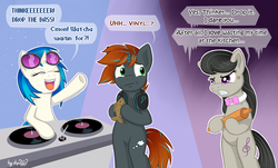 Size: 2239x1350 | Tagged: safe, artist:dsp2003, dj pon-3, octavia melody, vinyl scratch, oc, oc:thinker, earth pony, pony, unicorn, g4, annoyed, bass guitar, bipedal, comic, drop the bass, female, headphones, lesbian, male, mare, musical instrument, pun, rolling pin, ship:scratchtavia, shipping