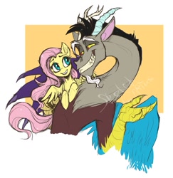 Size: 881x907 | Tagged: safe, artist:artbeta, discord, fluttershy, draconequus, pegasus, pony, g4, antlers, fangs, female, holding a pony, male, ship:discoshy, shipping, signature, straight, wings