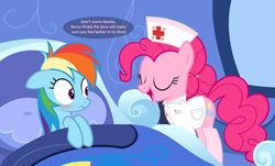 Size: 2433x1472 | Tagged: safe, artist:zacatron94, pinkie pie, rainbow dash, earth pony, pegasus, pony, g4, alternate hairstyle, bed, blanket, blushing, clothes, dialogue, eyes closed, female, hat, in bed, lesbian, lying down, mare, nurse, nurse hat, nurse outfit, on back, open mouth, pillow, ship:pinkiedash, shipping, shirt, show accurate, sick, socks, speech bubble, stockings, uniform