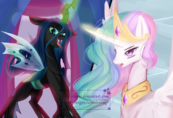 Size: 800x546 | Tagged: safe, artist:chokico, princess celestia, queen chrysalis, alicorn, changeling, changeling queen, pony, a canterlot wedding, g4, fangs, female, fight, glowing horn, horn, magic, open mouth, tongue out