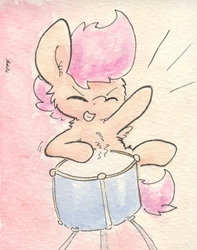 Size: 679x861 | Tagged: safe, artist:slightlyshade, scootaloo, pony, g4, bipedal, drums, female, musical instrument, solo, traditional art