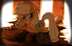 Size: 1236x800 | Tagged: safe, artist:ladyanidraws, applejack, g4, somepony to watch over me, determined, female, fire, fireproof boots, pigtails, solo, twintails