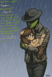 Size: 679x992 | Tagged: safe, artist:mcponyponypony, oc, oc only, oc:anon, oc:morning glory, human, bittersweet, blank flank, carrying, dialogue, fedora, hat, rain, request