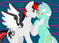 Size: 1024x740 | Tagged: safe, artist:lazysstorm, lyra heartstrings, oc, oc:shadowfox, g4, canon x oc, female, male, shadowfox, shipping, straight