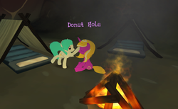 Size: 757x465 | Tagged: safe, screencap, oc, oc only, oc:donut hole, oc:star dust, pegasus, pony, unicorn, legends of equestria, boop, camp, filly, fire, raised leg, sitting, tent