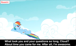 Size: 1600x973 | Tagged: safe, rainbow dash, pegasus, pony, comic:celestia's servant interview, g4, caption, cs captions, female, interview, mare, solo