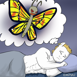 Size: 1000x1000 | Tagged: safe, artist:empyu, bulk biceps, butterfly, anthro, g4, 30 minute art challenge, ambiguous facial structure, clothes, lepidopterophobia, male, muscles, nightmare, sleeping, solo, topless