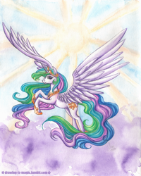 Size: 1000x1247 | Tagged: safe, artist:mana-kyusai, princess celestia, alicorn, pony, g4, female, flying, looking at you, mare, solo, spread wings, sun, traditional art