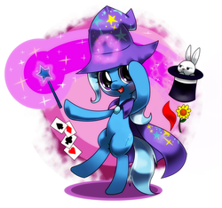 Size: 1280x1200 | Tagged: safe, artist:hoyeechun, angel bunny, trixie, pony, g4, bipedal, bunny out of the hat, card, hat, magic, magic trick, top hat, wand