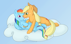 Size: 1099x684 | Tagged: safe, artist:arcticwaters, applejack, rainbow dash, earth pony, pegasus, pony, g4, blushing, cloud, female, holding hooves, lesbian, licking, mare, ship:appledash, shipping