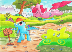 Size: 1748x1276 | Tagged: safe, artist:kittyhawk-contrail, pinkie pie, rainbow dash, g4, pie, traditional art, trap (device)