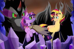 Size: 500x333 | Tagged: safe, artist:thepiplup, king sombra, sunset shimmer, twilight sparkle, pony, umbrum, unicorn, g4, corrupted, crystal, curved horn, dark crystal, dark magic, fire, horn, magic, sombra eyes
