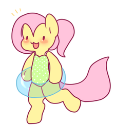 Size: 421x470 | Tagged: safe, artist:milkwolf, fluttershy, pony, g4, :3, alternate hairstyle, ask-friendlyshy, bipedal, blushing, clothes, cute, female, floaty, inner tube, one-piece swimsuit, open mouth, ponytail, shyabetes, solo, swimsuit