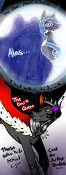 Size: 500x1312 | Tagged: safe, artist:bingk, king sombra, nightmare moon, alicorn, pony, umbrum, unicorn, g4, armor, cape, clothes, female, looking down, looking up, male, mare, mare in the moon, moon, shadow, shipping, sombramoon, stallion, straight