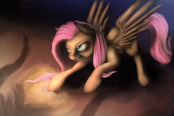 Size: 1500x1000 | Tagged: safe, artist:miokomata, fluttershy, g4, angry, badass, crying, fangs, female, flutterbadass, glare, implied lord tirek, offscreen character, open mouth, raised hoof, shadow, solo, spread wings, teeth