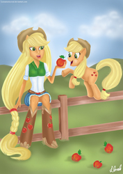 Size: 842x1191 | Tagged: safe, artist:leesamariecroal, applejack, human, equestria girls, g4, apple, human ponidox, ponied up