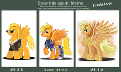 Size: 1255x744 | Tagged: safe, artist:ruhisu, oc, oc only, oc:brave wing, pegasus, pony, 2013, 2014, armor, artist progress, clothes, commission, draw this again, jacket, looking at you, male, prince, profile, prosthetics, raised hoof, request, smiling, smirk, soldier, solo, spread wings, stallion, standing, sunglasses