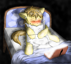 Size: 2000x1800 | Tagged: safe, artist:phyrexianrevoker, oc, oc only, bed, blushing, computer, cute, earbuds, eyes closed, floppy ears, hug, laptop computer, microphone, pillow, sitting, smiling, solo