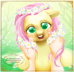 Size: 828x798 | Tagged: safe, artist:hobilo, fluttershy, g4, female, flower, hand, happy, pixiv, solo, squishy cheeks