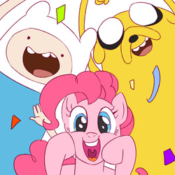 Size: 4724x4724 | Tagged: safe, artist:daikoku, pinkie pie, g4, absurd resolution, adventure time, crossover, finn the human, jake the dog, male, pixiv