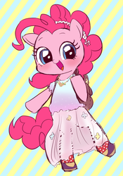 Size: 972x1387 | Tagged: dead source, safe, artist:momo, pinkie pie, pony, g4, backpack, bipedal, clothes, cute, diapinkes, dress, female, hairband, open mouth, solo