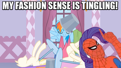 Size: 773x435 | Tagged: safe, edit, edited screencap, screencap, rainbow dash, rarity, g4, suited for success, bucket, bucketdash, image macro, male, meme, spider-man, spiderponyrarity