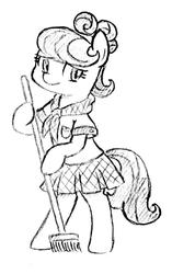 Size: 645x1024 | Tagged: safe, artist:tebasaki, suri polomare, pony, g4, bipedal, broom, female, grayscale, monochrome, simple background, solo