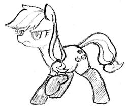 Size: 1024x892 | Tagged: safe, artist:tebasaki, applejack, earth pony, pony, g4, clothes, female, fireproof boots, grayscale, hatless, missing accessory, monochrome, simple background, socks, solo, traditional art