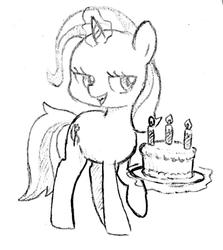 Size: 912x1024 | Tagged: safe, artist:tebasaki, trixie, pony, unicorn, g4, cake, candle, female, grayscale, magic, mare, monochrome, solo, telekinesis