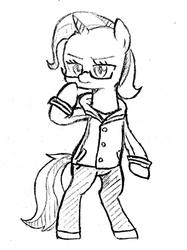 Size: 766x1024 | Tagged: safe, artist:tebasaki, trixie, pony, g4, bipedal, clothes, female, glasses, grayscale, monochrome, simple background, solo, suit