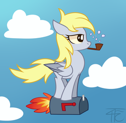 Size: 1423x1393 | Tagged: dead source, safe, artist:php92, derpy hooves, pegasus, pony, g4, bubble, bubble pipe, female, flying, mailbox, mare, pipe, rocket, solo, wat