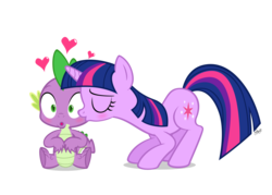 Size: 1750x1250 | Tagged: safe, artist:navitaserussirus, spike, twilight sparkle, dragon, pony, unicorn, g4, blushing, cheek kiss, duo, eyes closed, female, kissing, male, mare, ship:twispike, shipping, simple background, spikelove, straight, surprise kiss, transparent background, unicorn twilight, vector